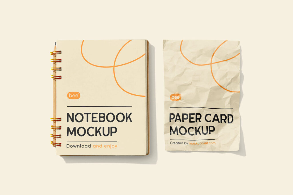 Top Sight of Notebook Mockup With Paper Card