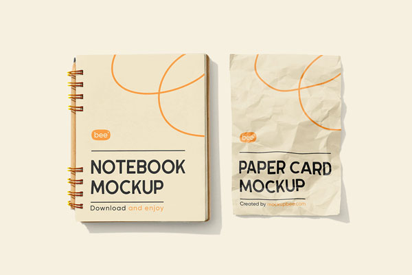 Top Sight of Notebook Mockup With Paper Card