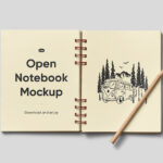 Top Sight of Open Notebook Mockup with Pencil