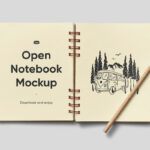 Top Sight of Open Notebook Mockup with Pencil