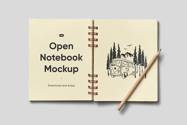 Top Sight of Open Notebook Mockup with Pencil