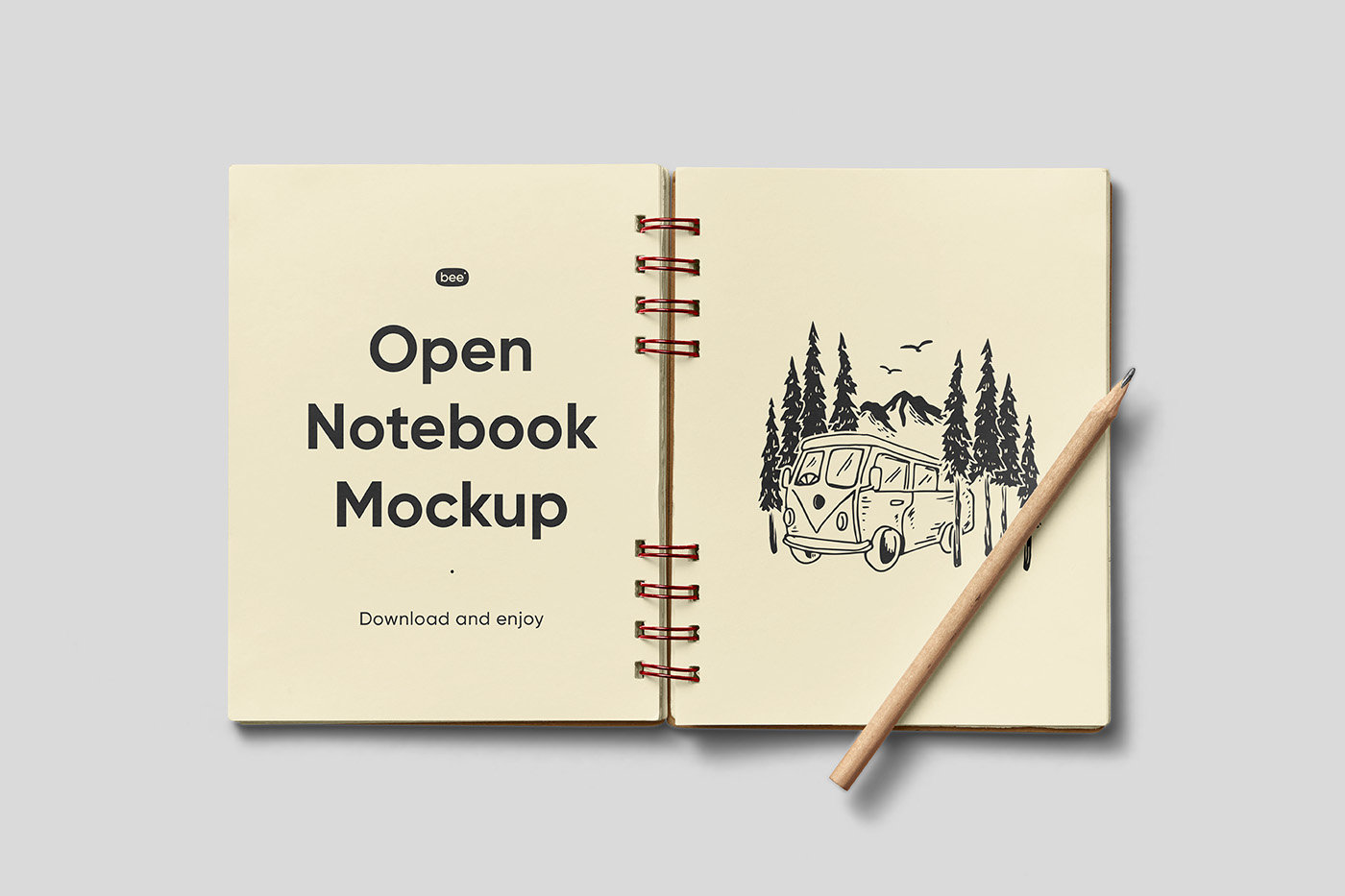Top Sight of Open Notebook Mockup with Pencil FREE PSD