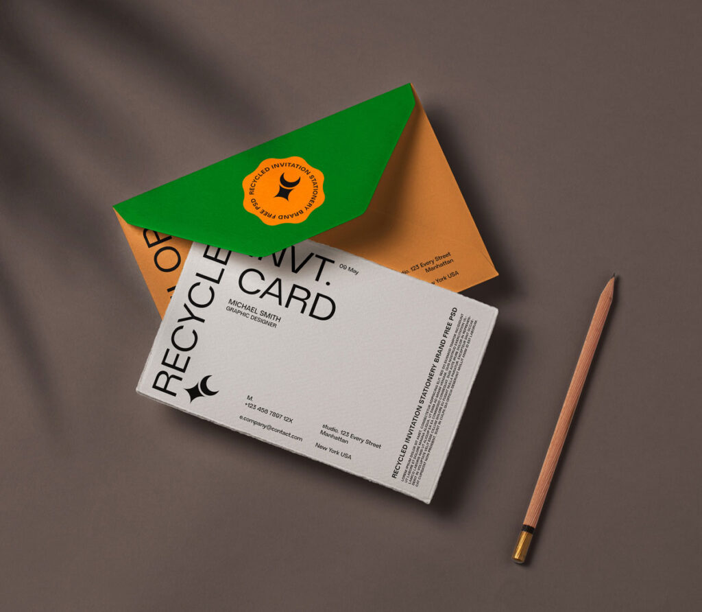 Top Sight of Recycled Invitation Card Mockup with Pencil