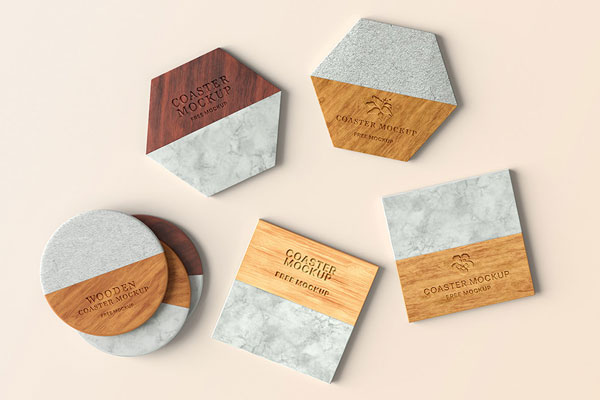Top Sight of Square Round Hexagonal Wooden Coaster Mockup