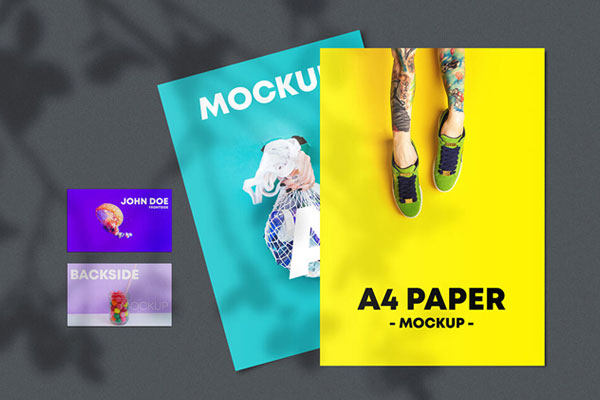 Top View 2 A4 Flyers and 2 Business Cards Mockup