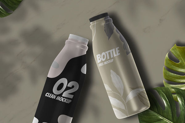 Top View 2 Bottles on Floor Mockup with Leaves