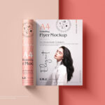 Top View 2 Rolled and Flat A4 Flyers Mockup