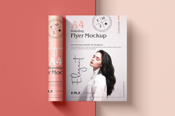 Top View 2 Rolled and Flat A4 Flyers Mockup