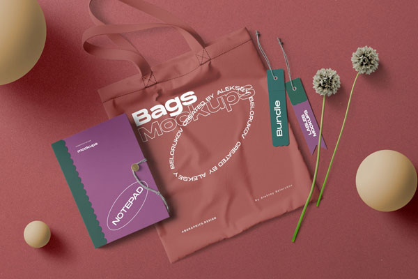 Top View Bag and Notebook Mockup with Tags, Flowers, and Balls