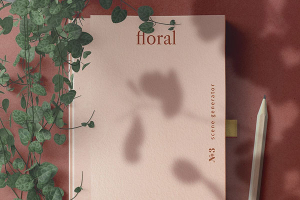 Top View Book Mockup with Pencil, Plant, and Shadow Overlay