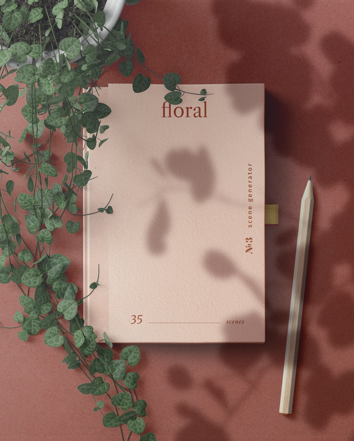 Top View Book Mockup with Pencil, Plant, and Shadow Overlay FREE PSD