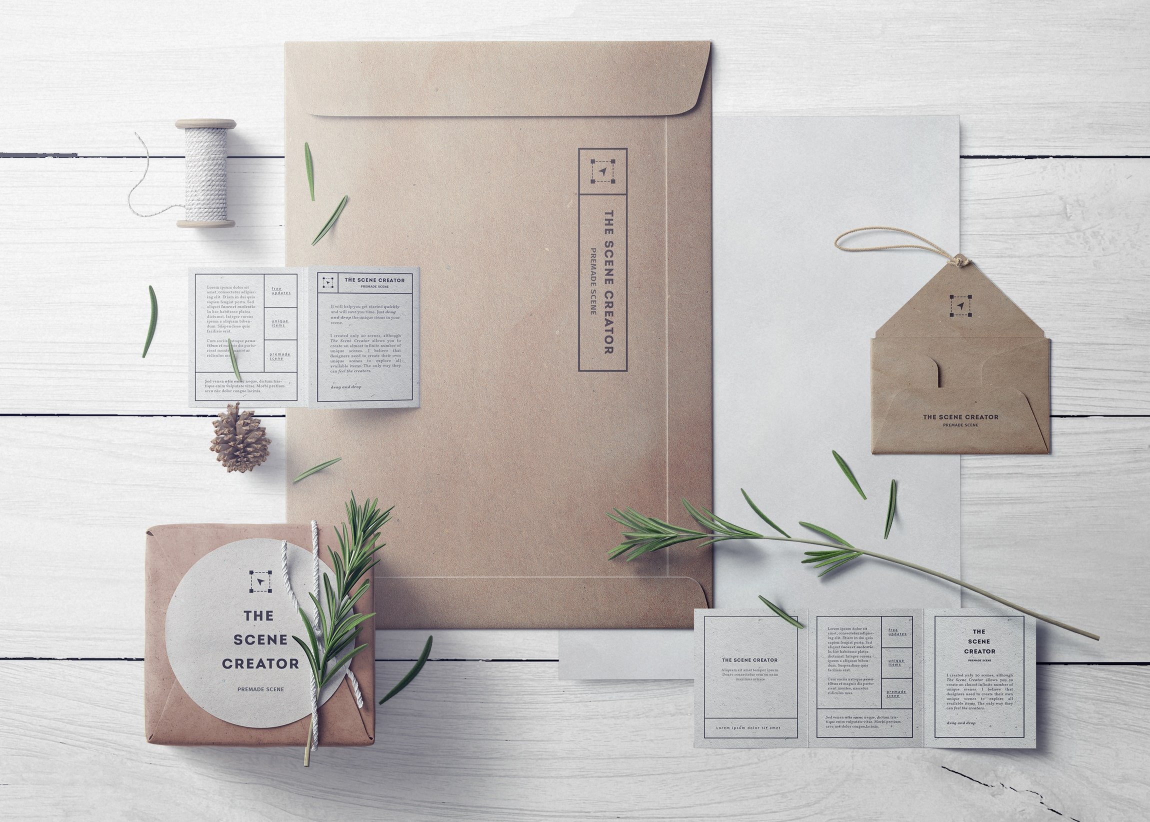Top View Branding Mockup with Folder, Paper, Cards, and Plant FREE PSD