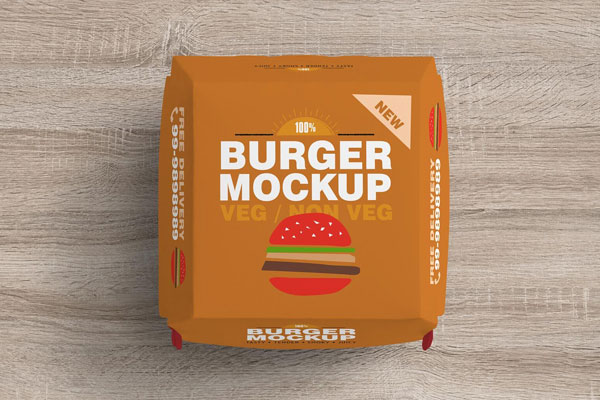 Top View Burger Box Mockup on Wooden Surface