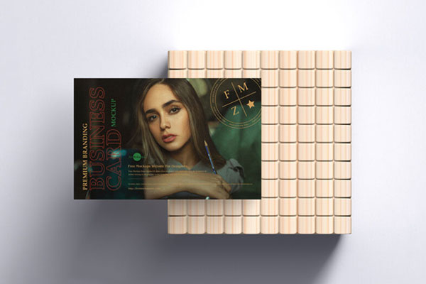 Top View Business Card on a Wooden Cube Mockup