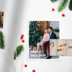Top View Christmas Cards Mockup with Decorative Elements