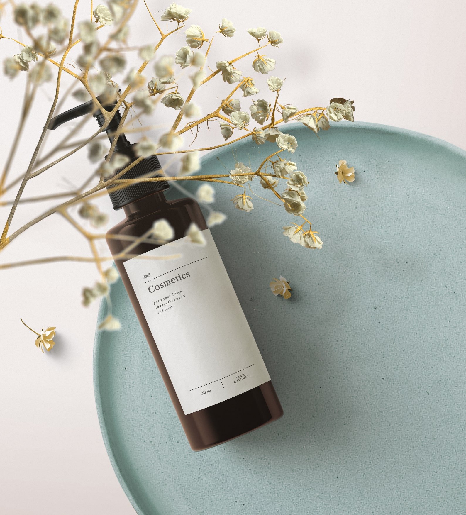 Top View Cosmetics Bottle Mockup on Tray with Flowering Plant FREE PSD
