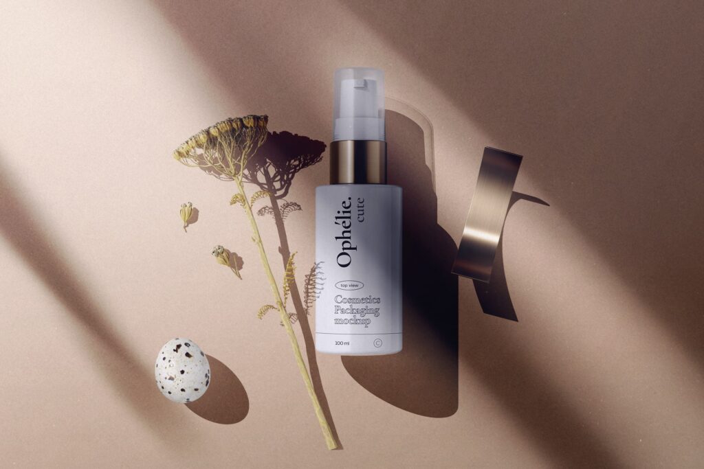 Top View Cosmetics Bottle Mockup with Flower