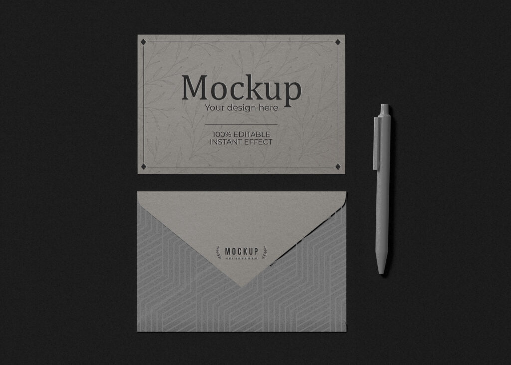 Top View Envelope and Invitation Card Mockup with Pen