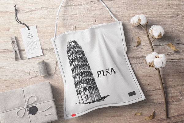 Top View Fabric Bag Mockup with Cotton Flower on Wood