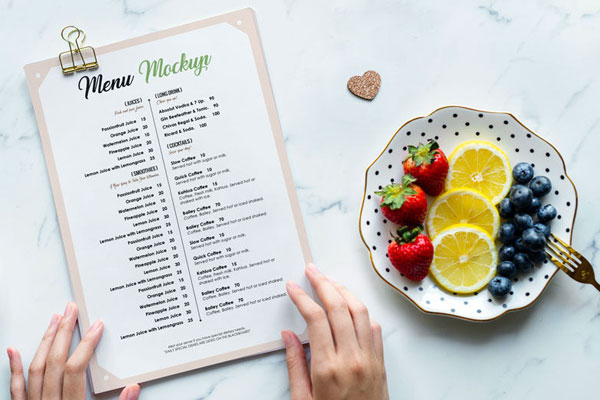 Top View Food Menu Mockup with Fruit Plate on Marble