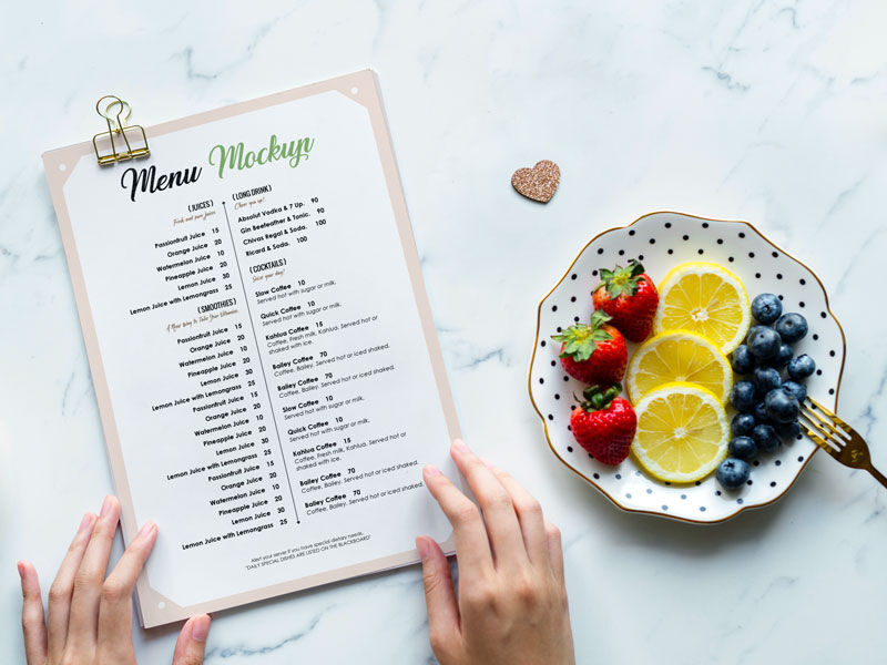 Top View Food Menu Mockup with Fruit Plate on Marble