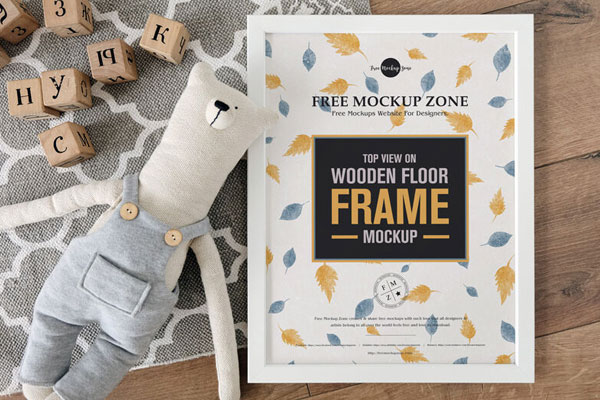 Top View Frame on Wooden Floor Mockup