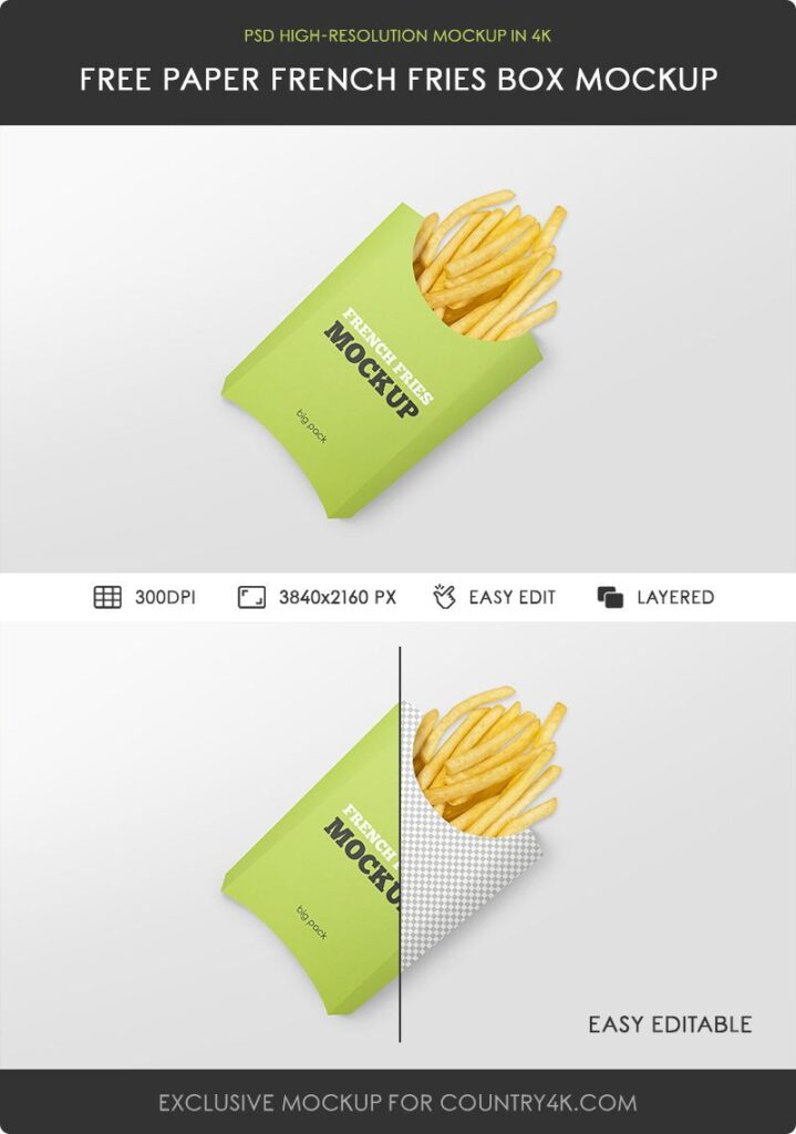 Top View French Fries Paper Box Laying Down Mockup