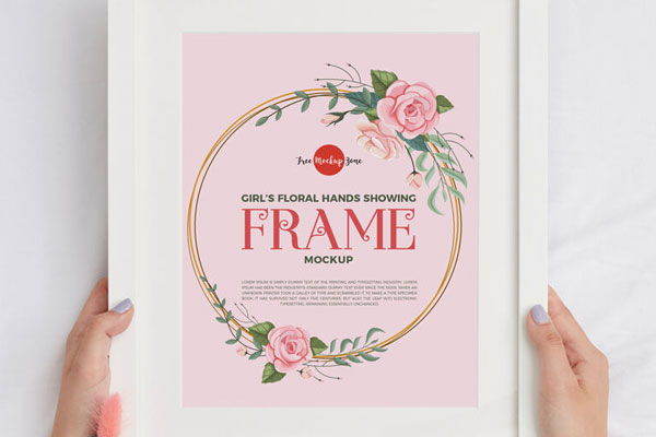 Top View Girl Showing Frame in Her Floral Hands Mockup