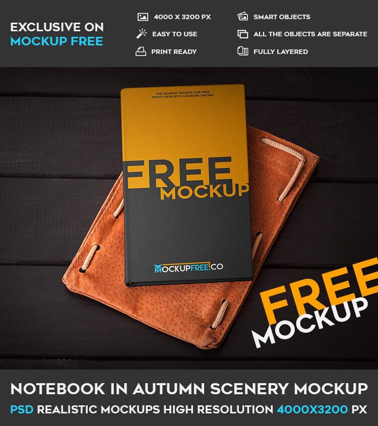 Top View Hardcover Notebook Laid Down on Leather Mockup