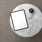 Top View iPad Pro with Glasses on Marble Mockup Scene