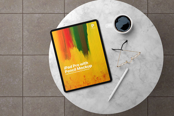 Top View iPad Pro with Glasses on Marble Mockup Scene