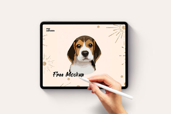 Top View iPad Pro with Hand Holding Pencil Mockup