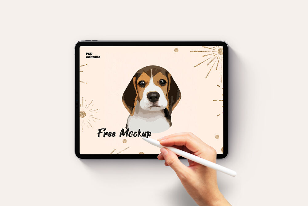 Top View iPad Pro with Hand Holding Pencil Mockup