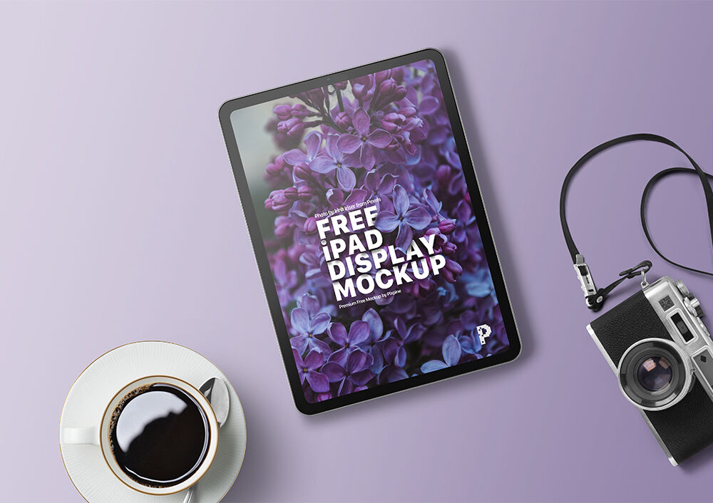 Top View iPad with Tea Cup and Camera Mockup