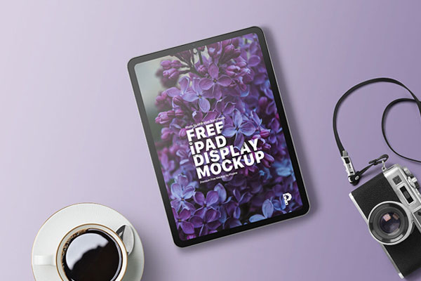 Top View iPad with Tea Cup and Camera Mockup