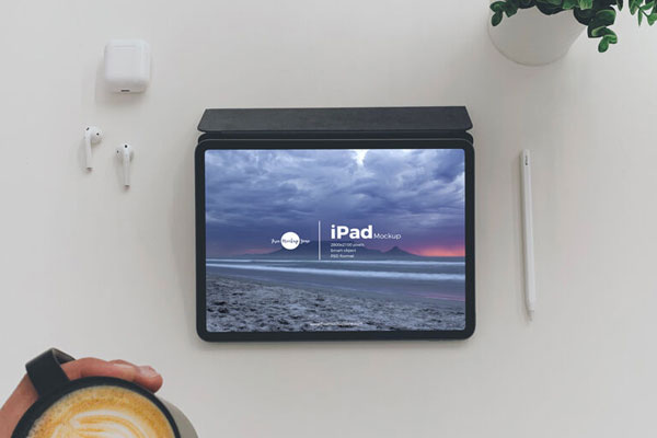 Top View Landscape iPad on Table Mockup