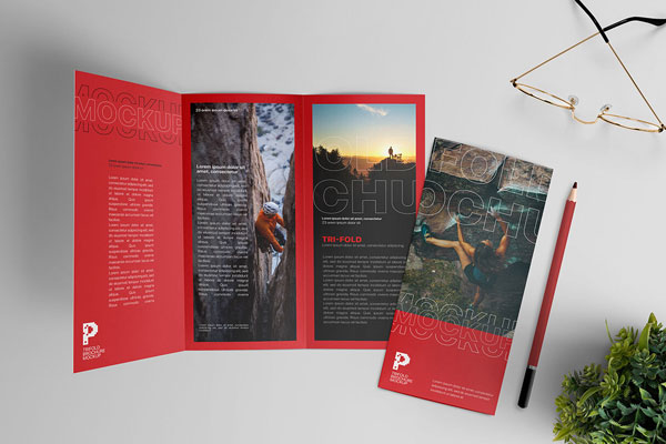 Top View Mockup of Two Tri-fold Brochures Open and Closed