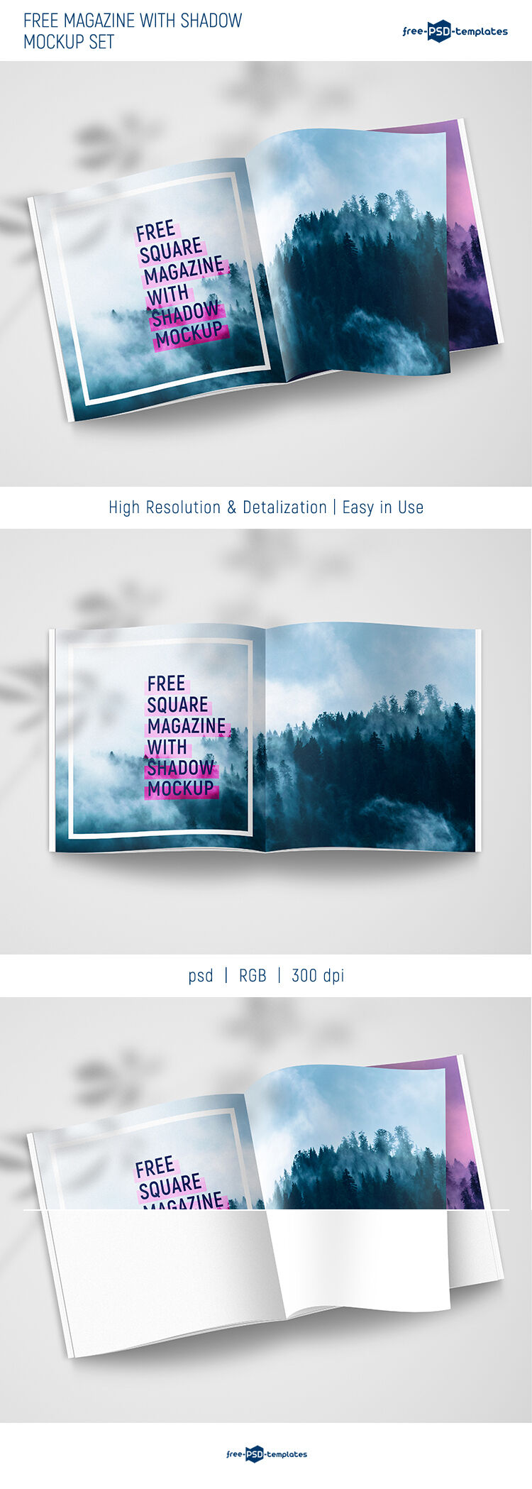 Top View of 2 Square Magazines With Shadow Mockups FREE PSD