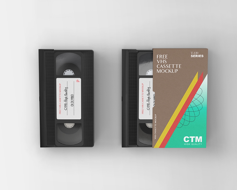 Top View of 2 Vintage VHS Cassettes Mockup