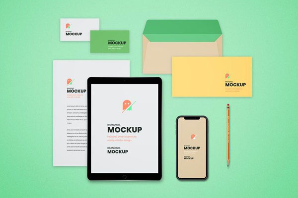 Top View of a Business Cards, Letterhead, Envelope Scene