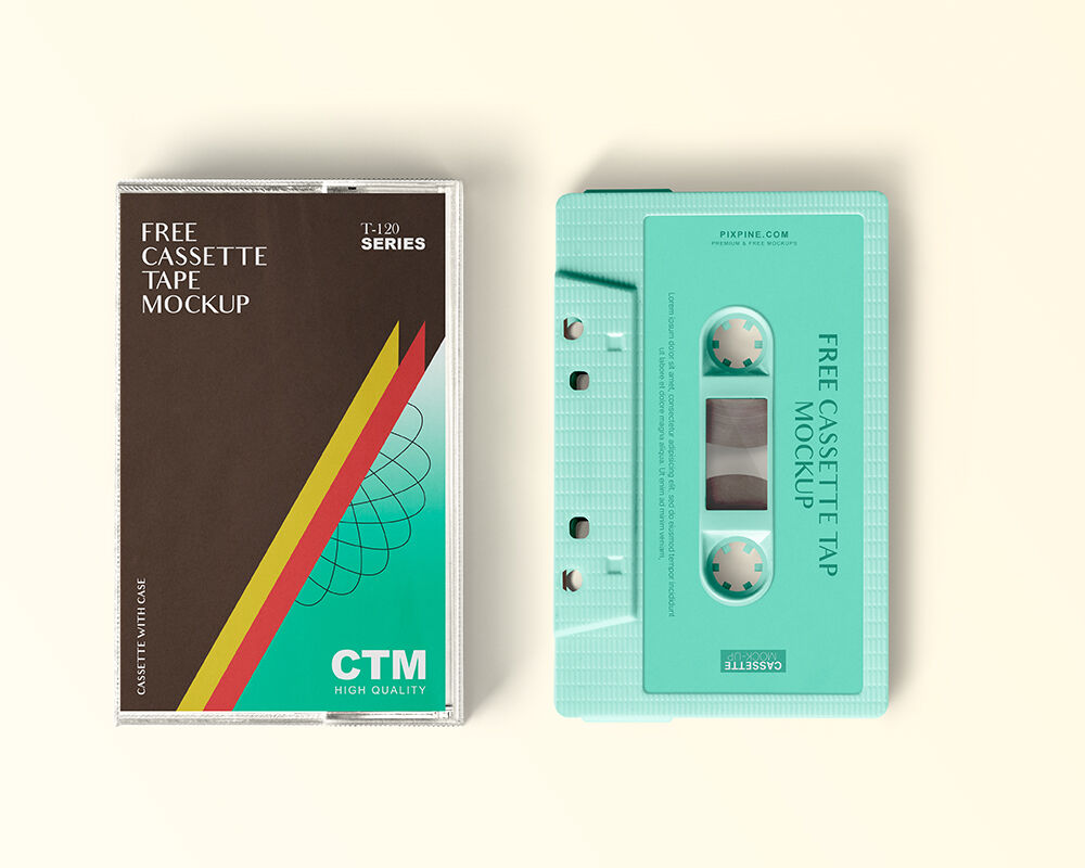 Top View of a Cassette Tape and Cover Mockup