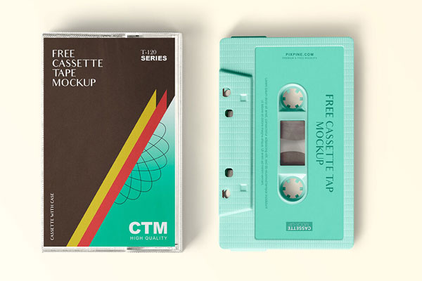 Top View of a Cassette Tape and Cover Mockup