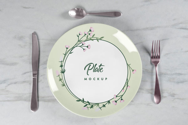 Top View of a Ceramic Plate with Utensils Mockup