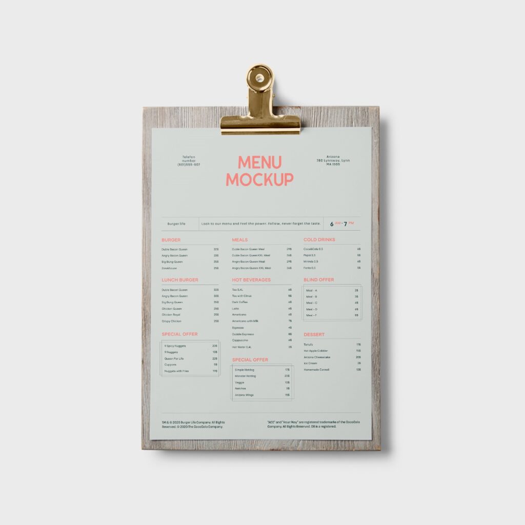 Top View of a Clipboard A4 Menu Mockup