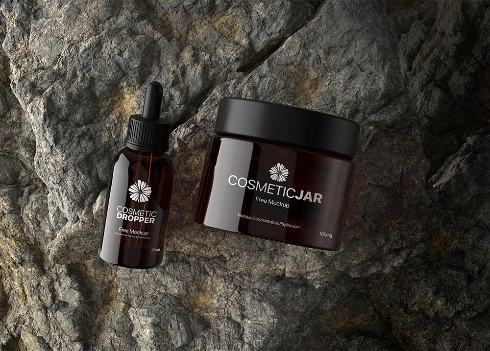 Top View of a Cosmetic Jar and Dropper on a Rock Mockup FREE PSD