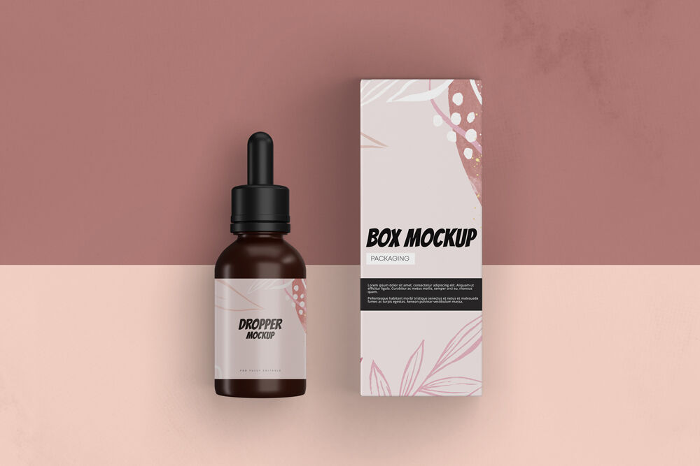 Top View of a Drop Bottle with Its Packaging Box Mockup