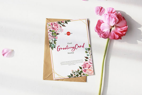 Top View of a Floral Greeting Card Mockup