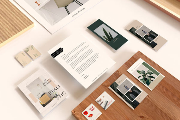 Top View of a Flyer, Postcard, Rack card, Rectangle and Square Business Cards Mockup