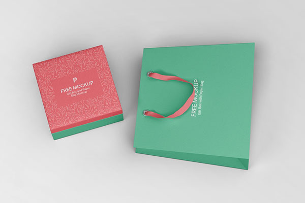 Top View of a Gift Box with a Paper Bag Mockup