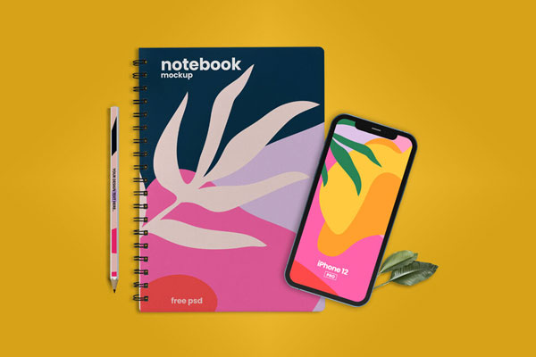 Top View of a Notebook with iPhone 12 and a Pen Mockup